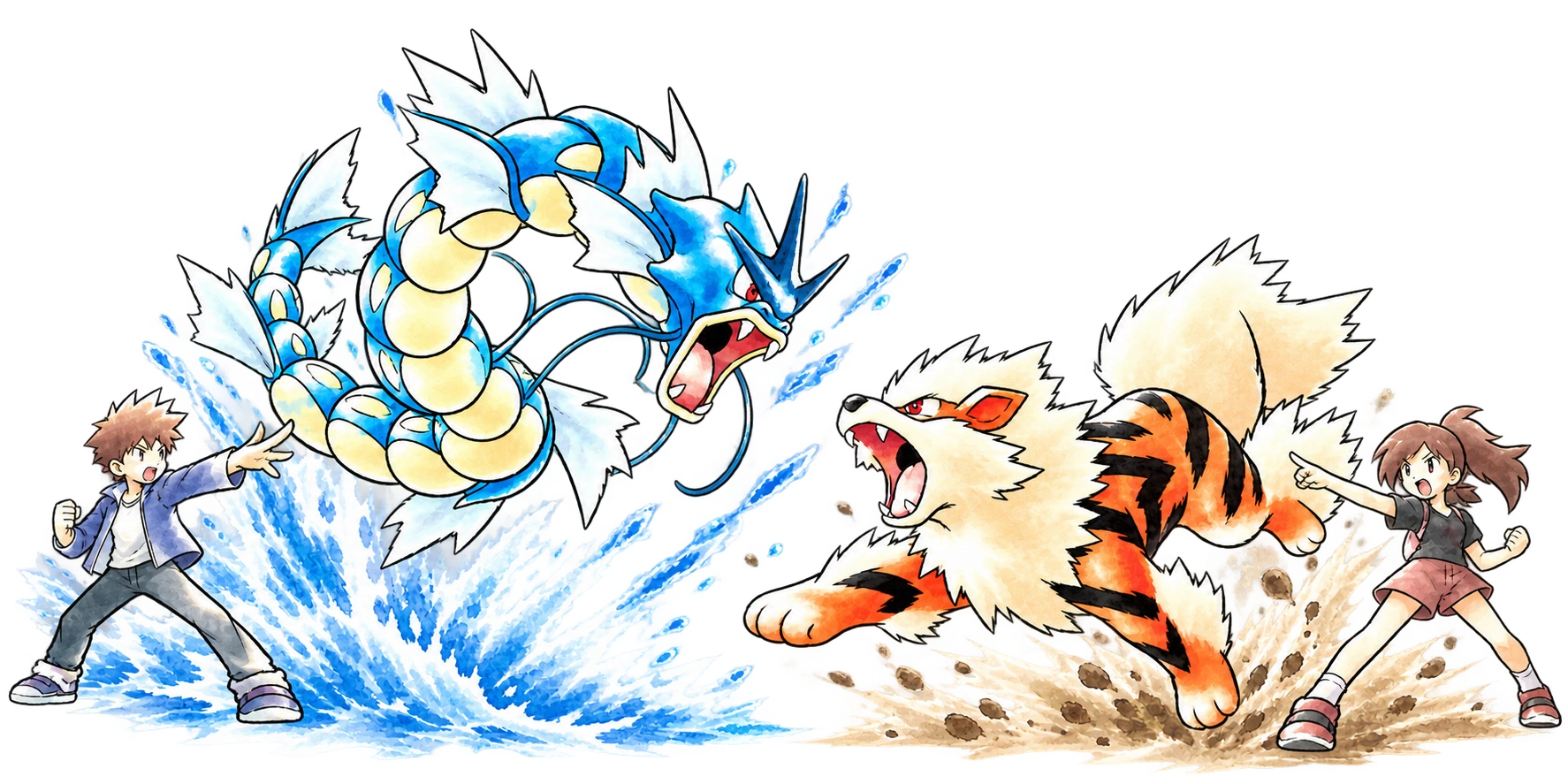 Two Trainers direct Gyarados and Arcanine in battle.