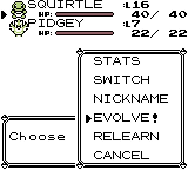 EVOLVE! highlighted for an eligible level-16 Squirtle.
