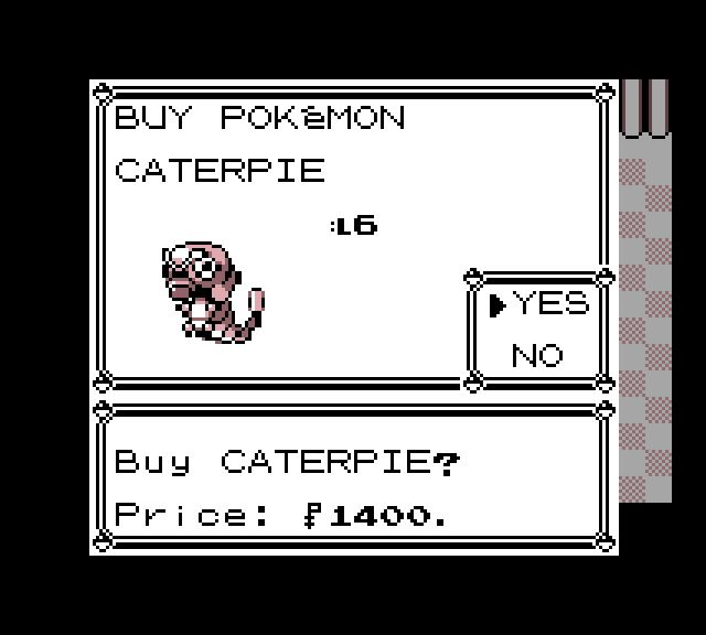 The Yes and No confirmation for buying Caterpie at the displayed price.