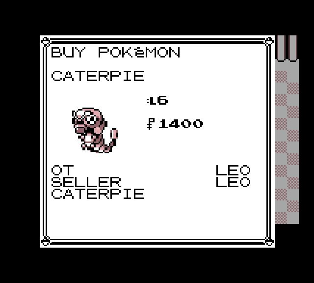 A level 6 Caterpie offered by Leo for 1,400 Pokédollars.