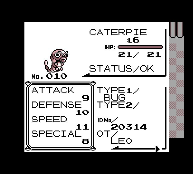 Caterpie’s HP, status, type, and battle stats before purchase.