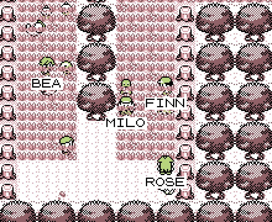 Milo, Bea, Finn, and Rose exploring Viridian Forest with their Pokémon.