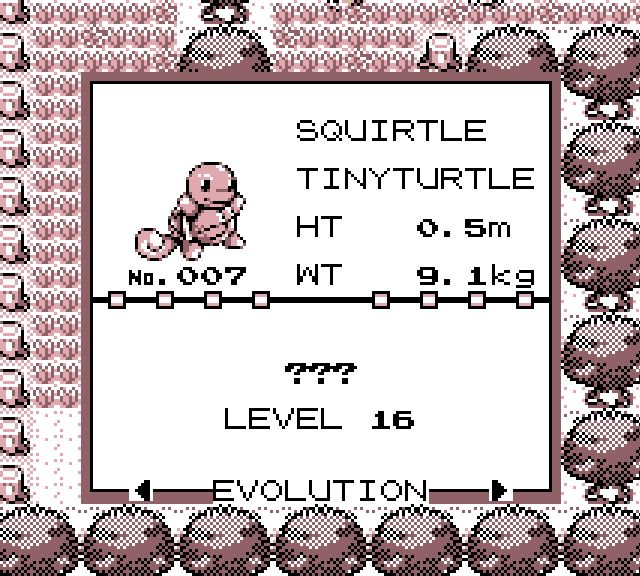 Squirtle’s evolution information showing level 16 and an unseen evolution name.
