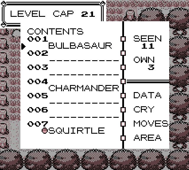 The Pokédex contents list with seen and owned counts and a caught marker beside Squirtle.