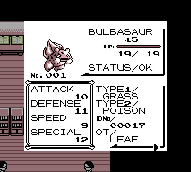 The chosen Bulbasaur’s HP, level, status, type, and battle stats.