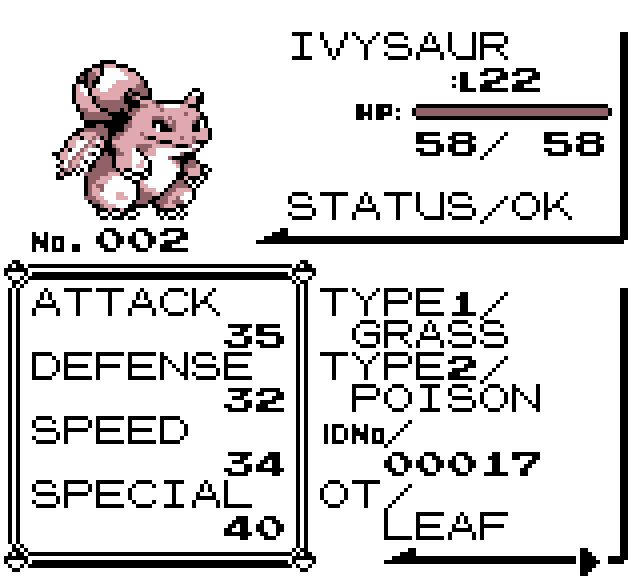 Ivysaur’s level, HP, type and battle stats.