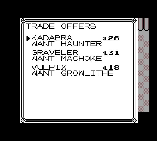 Trade Station listings for Kadabra, Graveler, and Vulpix, each showing the wanted species.