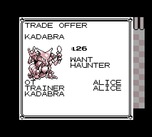 Alice’s level 26 Kadabra offer, asking for a Haunter.