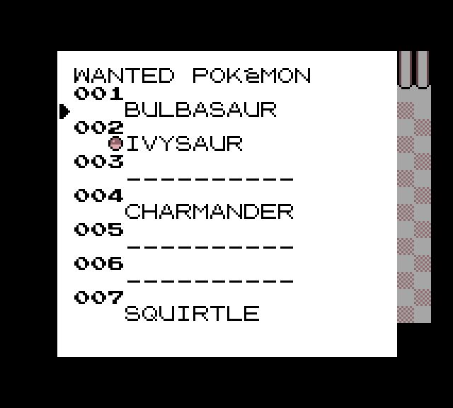 The wanted Pokémon list, with known names and dashed unseen entries.